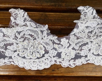 1-20 YARDS, 5.5” Wide Scalloped Edged Lace Trim, Lightly Accented with Pearls and Beads