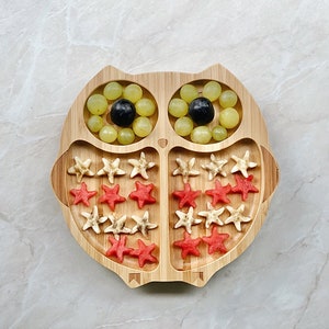 Personalized bamboo plate set with suction cup - owl - with spoon and fork (others such as rabbit, fox or car in the shop)