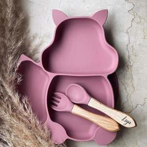 Personalized silicone tableware set with suction cup squirrel-shaped plate, spoon and fork