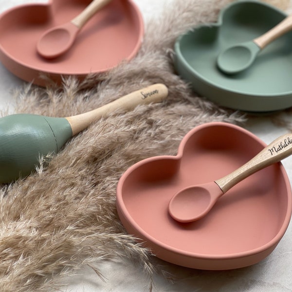 Personalized silicone heart plate set with spoon