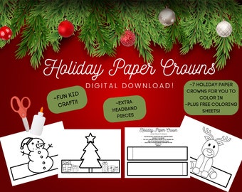 Op de afbeelding: Een digitale download van zeven printbare kerstpapierkronen voor kinderen om in te kleuren. De kronen bevatten een sneeuwpop, een kerstboom, een rendier en andere kerstthema's. De download bevat ook gratis kleurplaten.
