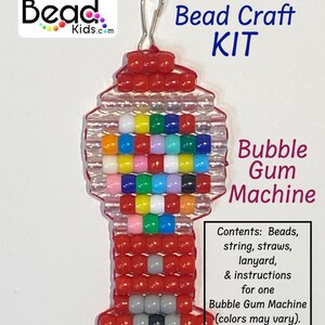 May include: A red and white bead craft kit to make a bubble gum machine. The kit includes beads, string, straws, a lanyard, and instructions. "Bubble Gum Machine (colors may vary). Warning: Small parts, not suitable for small children."