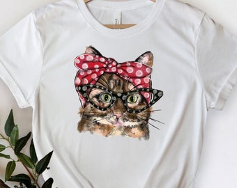 Cat with Glasses and Bandana Shirt, Cat Mom Tee, Cat T-shirt, Cat Lover Shirt, Birthday Gift, Kitten Shirt, Cute cat, Nerd Cat, Smart Cat