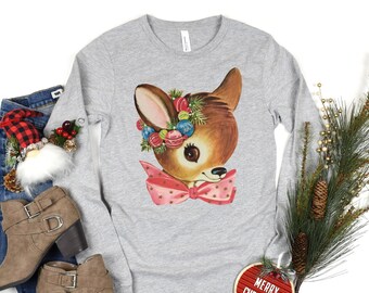 Deer Long Sleeve Tee Retro Christmas Shirt Vintage Holiday T Shirt Cute Christmas Shirt Holiday Party T-Shirt Vintage Snowman for Women