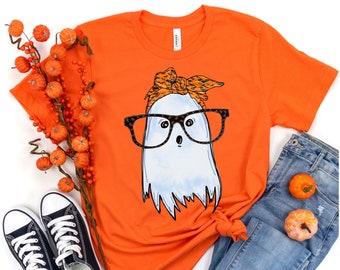 Cute Ghost with Glasses and Bandana Shirt Halloween T-Shirt Gift for Halloween Women  Cute Shirt for Halloween Spooky Tee Funny T Shirt
