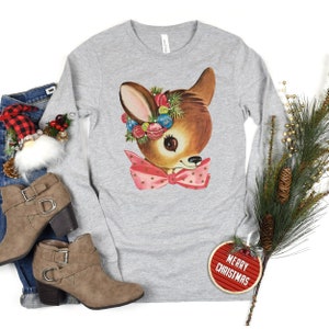 Deer Long Sleeve Tee Retro Christmas Shirt Vintage Holiday T Shirt Cute Christmas Shirt Holiday Party T-Shirt Vintage Snowman for Women