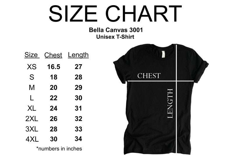 May include: Size chart for a Bella Canvas 3001 unisex t-shirt, showing chest and length measurements in inches for sizes XS to 4XL.
