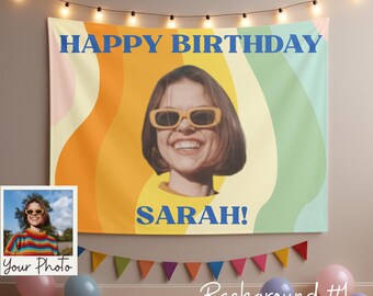 Banner de cumpleaños con foto personalizada - Decoración de fiesta retro y original para fiestas personalizadas
