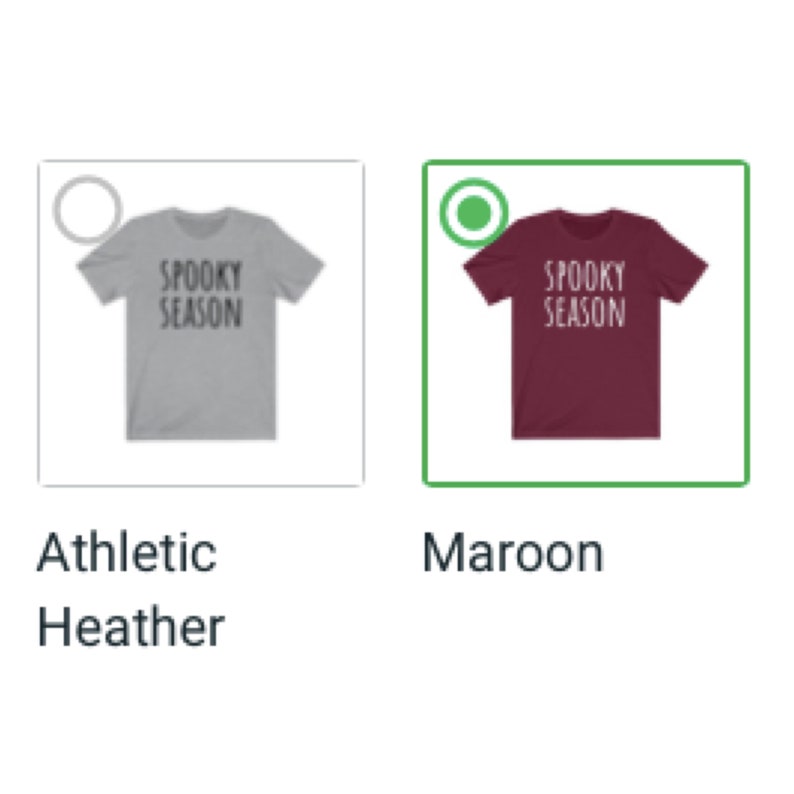 May include: A t-shirt with the text "Spooky Season" printed on it. The shirt is available in two colors: athletic heather and maroon.