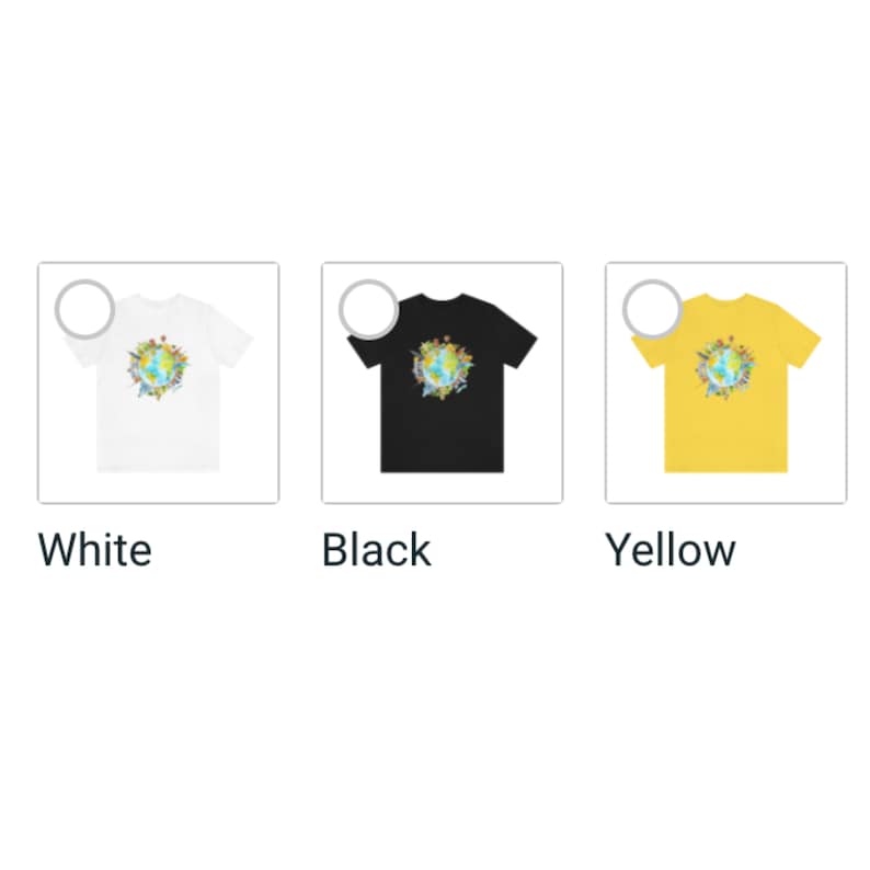 May include: Three t-shirts with a colorful globe graphic. The t-shirts are available in white, black, and yellow.