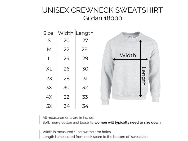 May include: Size chart for a unisex crewneck sweatshirt, showing width and length measurements in inches for sizes S through 5X. The chart is labeled "Unisex Crewneck Sweatshirt" and "Gildan 18000".