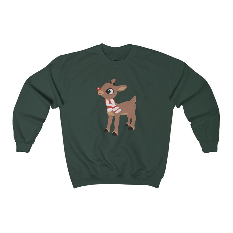 May include: A dark green sweatshirt with a cartoon image of Rudolph the Red-Nosed Reindeer wearing a red and white scarf.