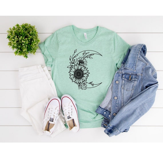 Flower Moon Shirt, Crescent Moon with Sunflowers, Moon Graphic T-shirt, Floral Crescent Moon Shirt, Floral Moon, Botanical,Celestial T shirt