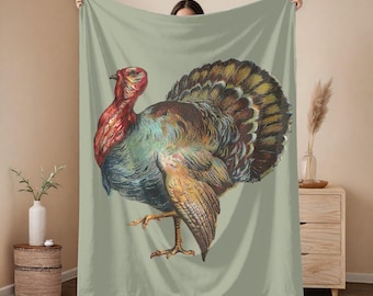 Manta de terciopelo con diseño de pavo vintage - Decoración clásica de Acción de Gracias, decoraciones retro de otoño