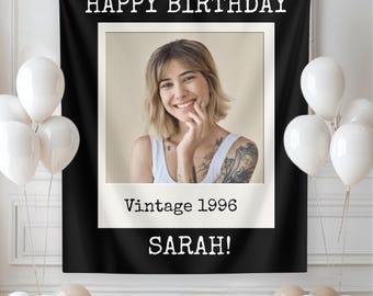 Pancarta de cumpleaños con foto vintage personalizada - Tapiz de pared personalizado para fiestas