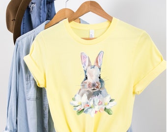 Camisa de coelhinho com flores, camisa de Páscoa, camiseta gráfica de coelhinho da Páscoa, camisetas de Páscoa para mulheres, coelhinho de Páscoa feminino, camiseta de coelhinho, camiseta de amante de coelhinho