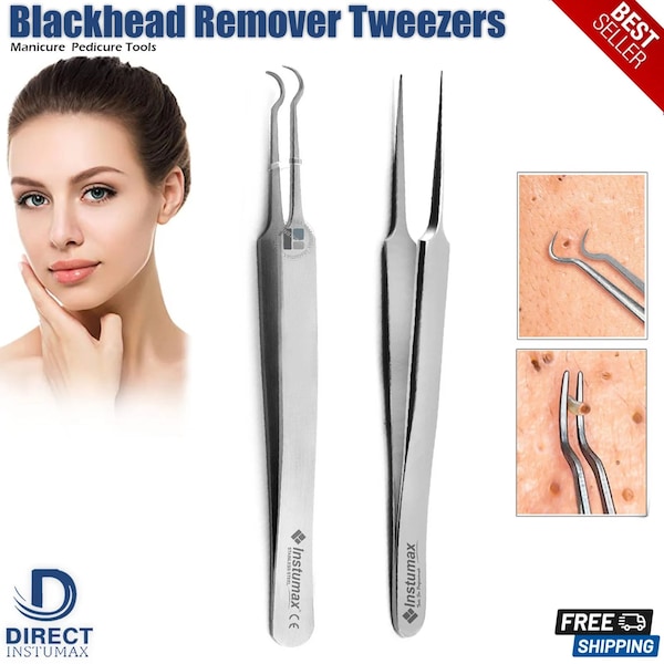 Professional Whitehead Blackhead Remover Tweezers - Acne Pimple Blemish Extractor Curved Needle Clip Tool Forceps