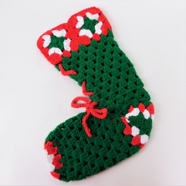 1970s Vintage 13 Inch Hand Crocheted Granny Square Christmas Stocking Decoration Fireplace Green Red White Retro