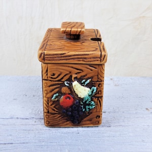 Vintage Ceramic Sugar Bowl: Wood Bin Design, Fruit Decor, 1970s Cottagecore