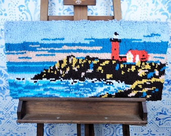 Vintage 1970s Latch Hook Rug: Lighthouse Ocean Scene Wall Hanging