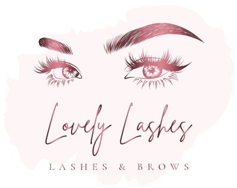 May include: A logo featuring stylized eyes with long eyelashes and well-defined eyebrows. The text "Lovely Lashes" is written in a cursive font, with "Lashes & Brows" below. The design uses shades of pink and rose gold.