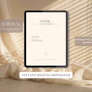 May include: A digital tablet displaying a cream-colored page with the text AFTER COMPANIONS, AFTER SURVIVAL, and her story + her voice + her becoming. A small line drawing of a flower is centered below the text. The screen has a thin black frame.