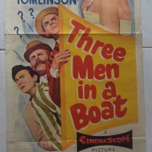 Three Men In A Boat (1956) rare Australian DAYBILL POSTER Hand Litho Printed Laurence Harvey/Jimmy Edwards/David Tomlinson