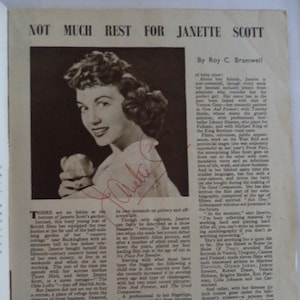 JANETTE SCOTT Autograph, hand signed on a 1957 magazine article