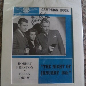 ROBERT PRESTON (1918 – 1987) Mounted Autograph, hand signed on Campaign Book cover for the 1941 crime film &quot;The Night Of January 16th&quot;
