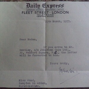 J. B. MORTON (1893 – 1979) rara carta con membrete autografiada del Daily Express Creador de Beachcomber / Narkover