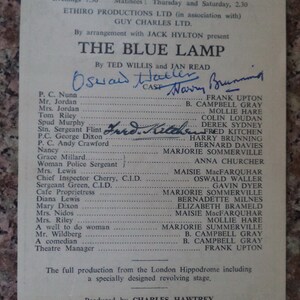 May include: A black and white playbill for the play "The Blue Lamp" starring Frank Upton, B. Campbell Gray, Mollie Hare, Colin Loudan, Derek Sydney, Fred Kitchen, Harry Brunning, Bernard Davies, Marjorie Sommerville, Anna Church, Maisie MacFarquhar, Oswald Waller, Gavin Dyer, Marjorie Sommerville, Bernadette Milnes, Elizabeth Brameld, Maisie MacFarquhar, Mollie Hare, Marjorie Sommerville, B. Campbell Gray, B. Campbell Gray, Frank Upton. The playbill is from the Kings Theatre in Southsea, England.