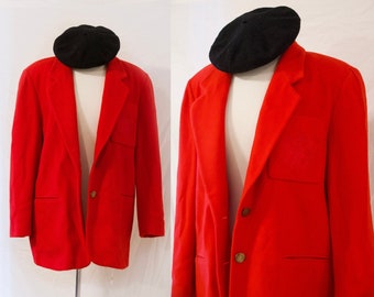 80s Highland Queen Red Wool Jacket Blazer with Embroidered Pocket, Valentines Day, M-L