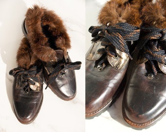 Vintage Italian Leather & Fur Ankle Boots, Laced Flats