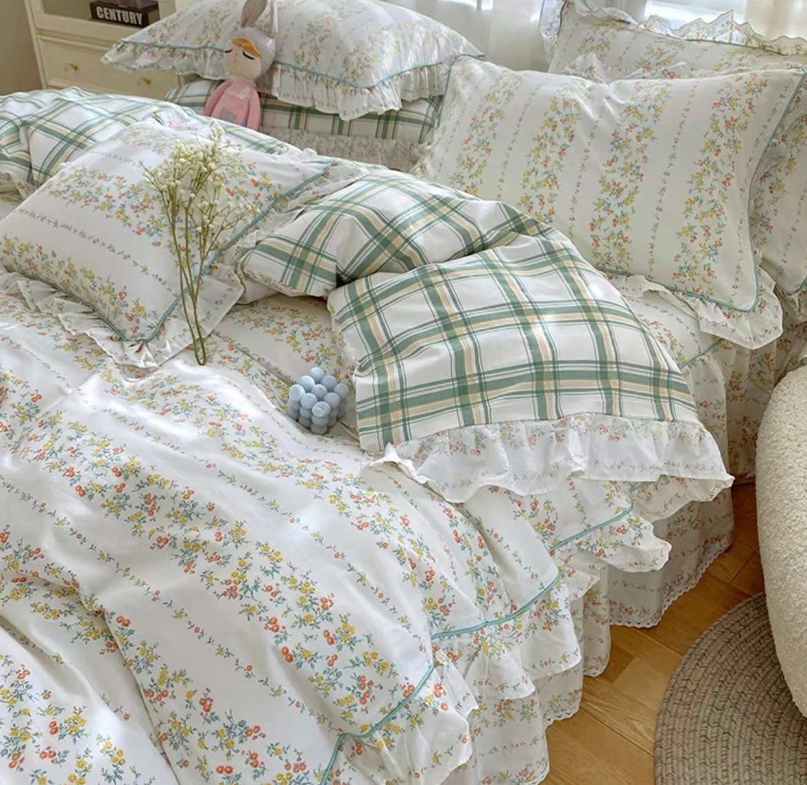 Light Green Checkers Ruffles Floral Duvet Cover Set Fresh Floral Bedding Set  Boho Cute Bedding Duvet Cover Set Dorm Bedding 