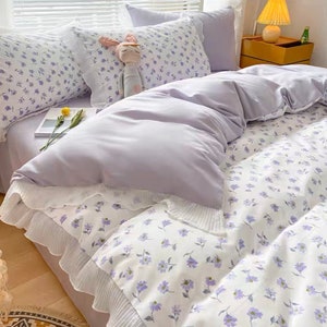 Purple Ruffles Cottagecore Duvet Cover Set | Cotton Duvet Bedding Set | Dorm Floral Duvet Cover Set | Full Queen Floral Bedding, Gift