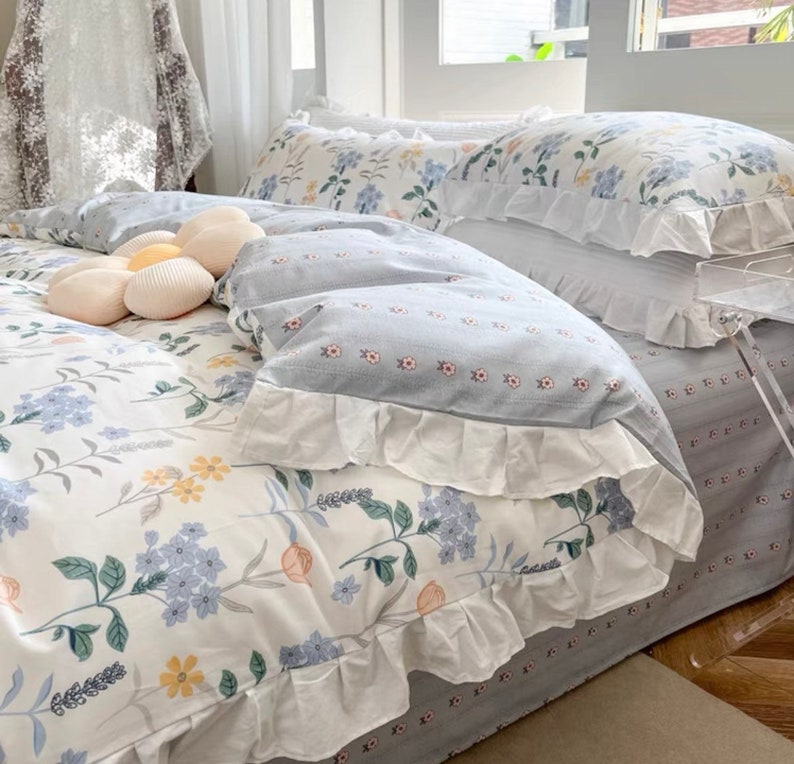 Blue Floral Duvet Cover Set Ruffles Boho Bedding Set Etsy
