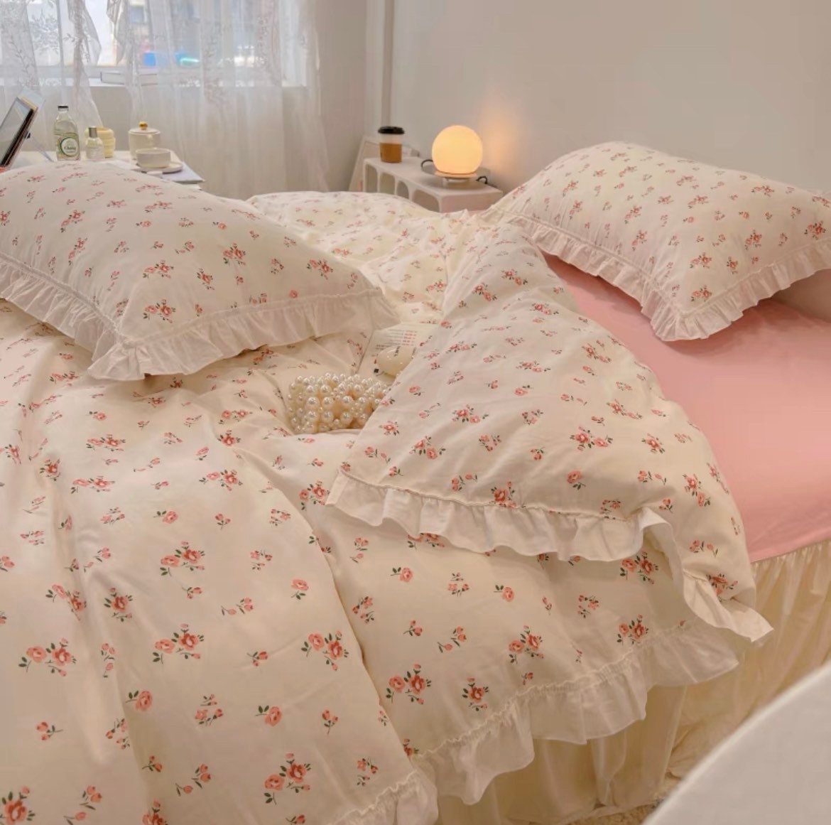 NOT OC) vintage coquette bedroom aesthetic girly room decor pink bed set  pink room aesthetic 50s