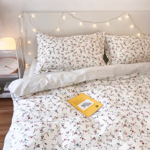 Blue Cotton Duvet Cover Set Fresh Floral Bedding Set Ruffles Etsy