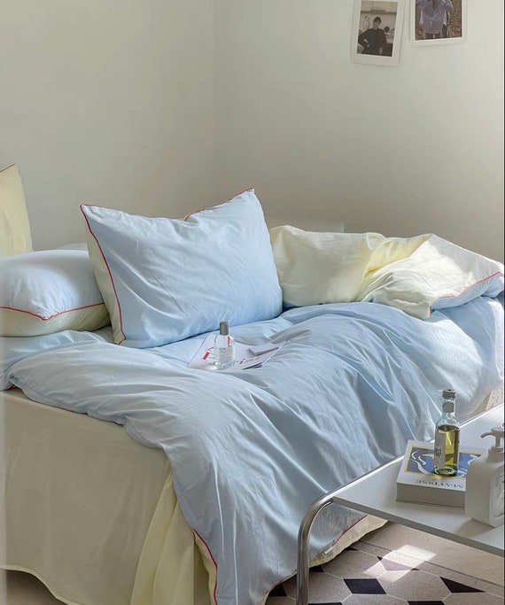Morandi Duvet Cover Set Cotton Blue and Cream Duvet Cover Set Minimalist  Bedding Aesthetic Dorm Cottagecore Bedding 4 Piece Set 