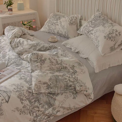 Blue Cotton Duvet Cover Set Fresh Floral Bedding Set Ruffles Etsy