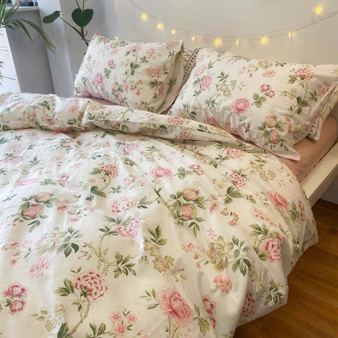 Aesthetic Pink Floral Ruffle Edge Cotton Bedding Duvet Sheet Set Singl –  PeachyBaby