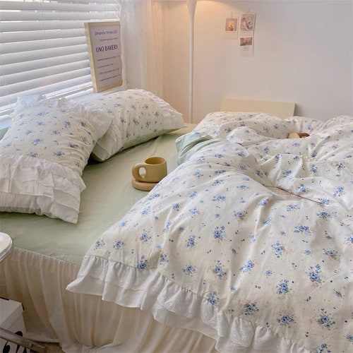 Blue Cotton Duvet Cover Set Fresh Floral Bedding Set Ruffles Etsy
