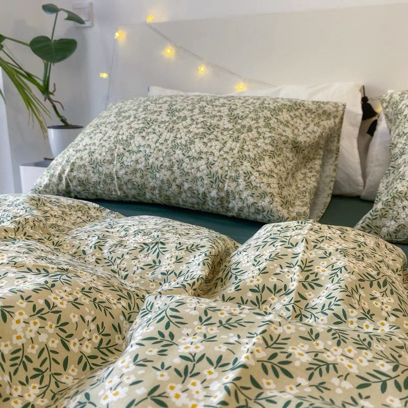 Green Floral Soft Cotton Duvet Cover Set Fresh Floral Etsy