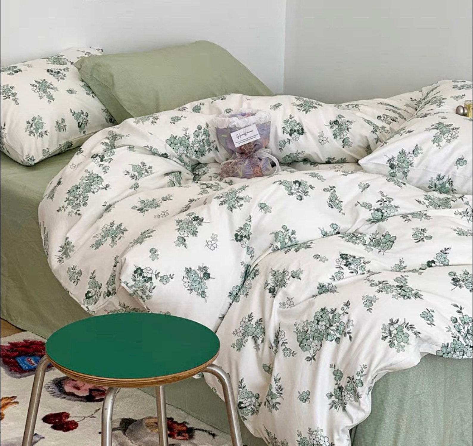 Green Floral Duvet Cover Set Cottagecore Dorm Bedding Set Etsy