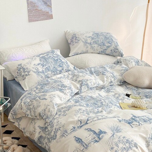 Blue Cotton Duvet Cover Set Fresh Floral Bedding Set Ruffles Etsy