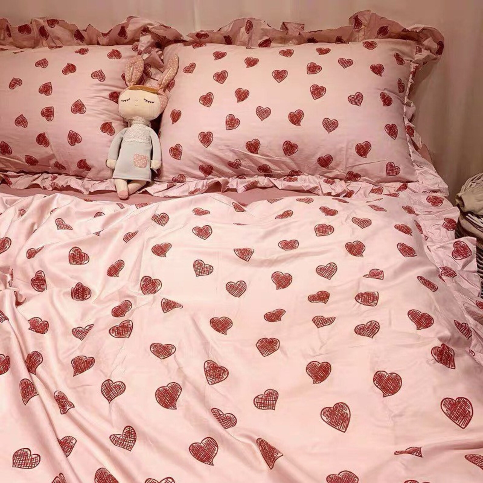 Love Hearts Cotton Bedding Set Cotton Duvet Cover Set Etsy