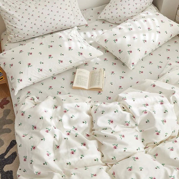 Floral Pink Cotton Duvet Cover Set Fresh Floral Bedding Set | Baby Pink Cute Duvet Cover Set | Twin Full Queen King Duvet Cover Flowers