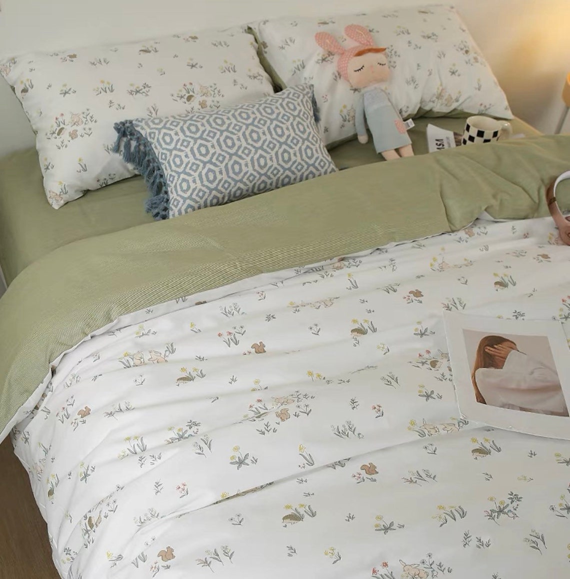 Green Cotton Duvet Cover Set Fresh Floral Bedding Set Dorm Etsy