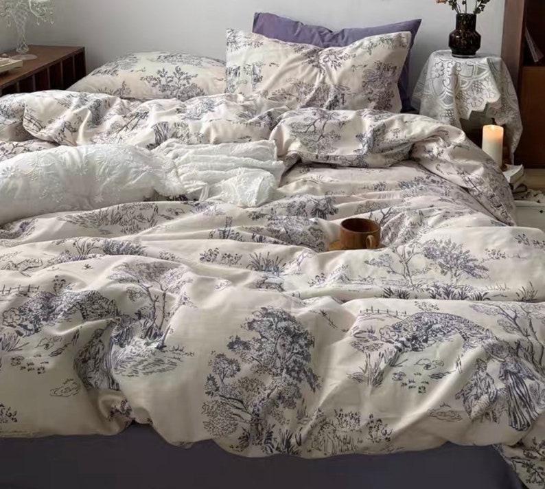 Purple Floral Cotton Duvet Cover Set Vintage Floral Bedding Etsy