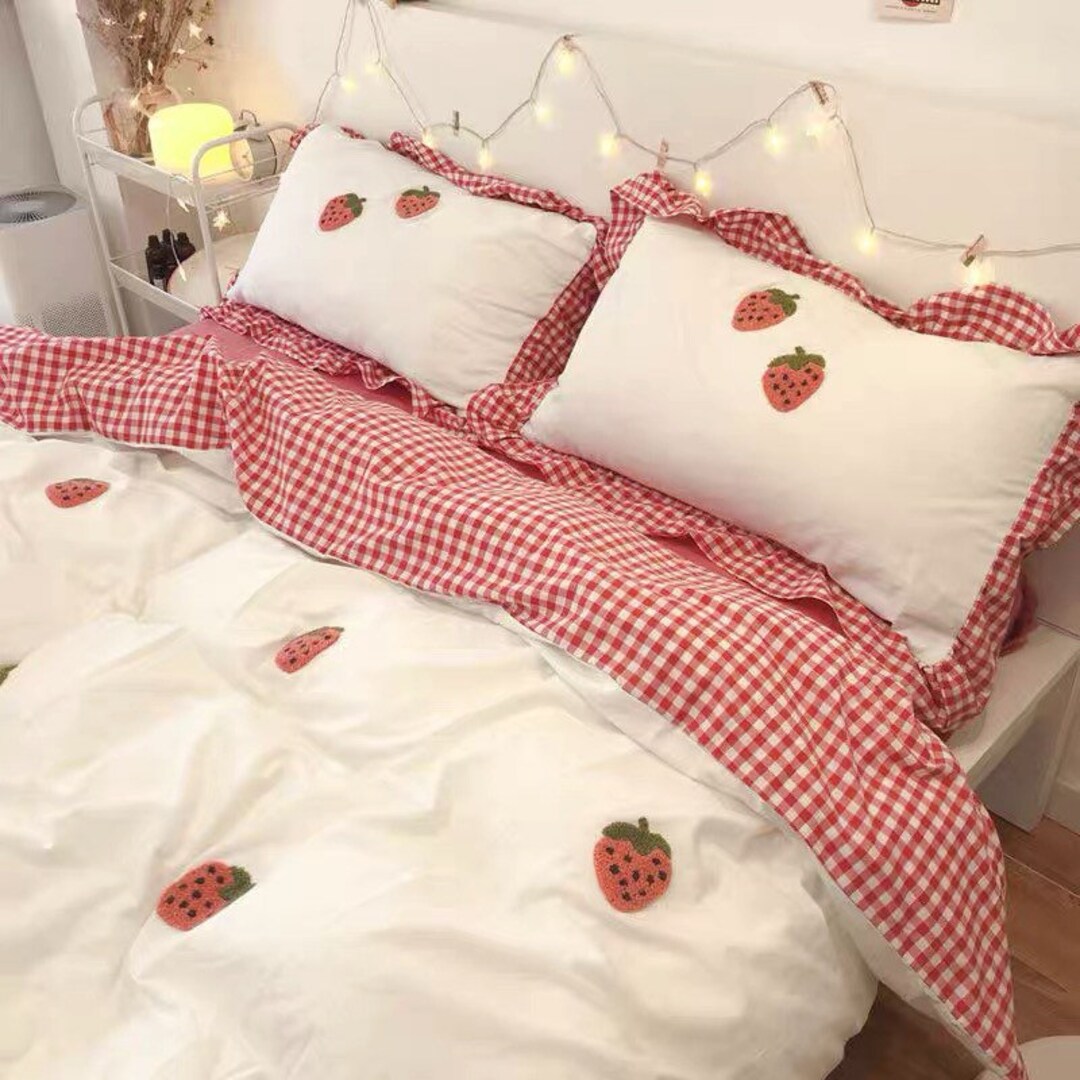 Strawberry Pink Cotton Duvet Cover Set Fresh Floral Bedding Etsy